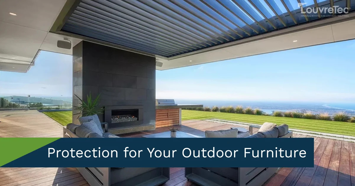 Cozy outdoor space with a Louvretec opening roof and integrated patio heater for comfort.
