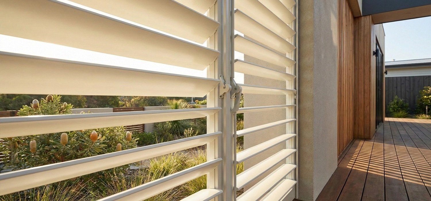 Close view of adjustable louvre screens on an outdoor room that allow light and airflow, with a timber deck and garden visible, showing benefits of outdoor rooms