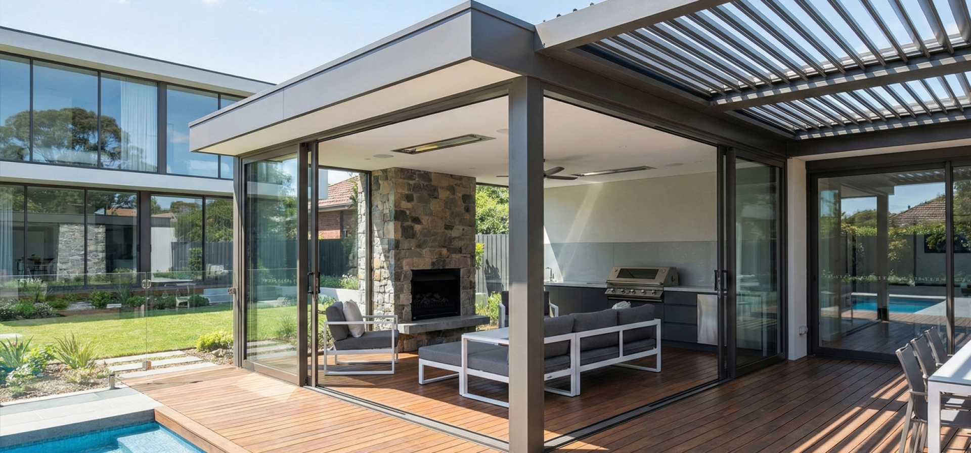 Modern outdoor room with glass walls, deck seating, stone fireplace, and built-in barbecue.