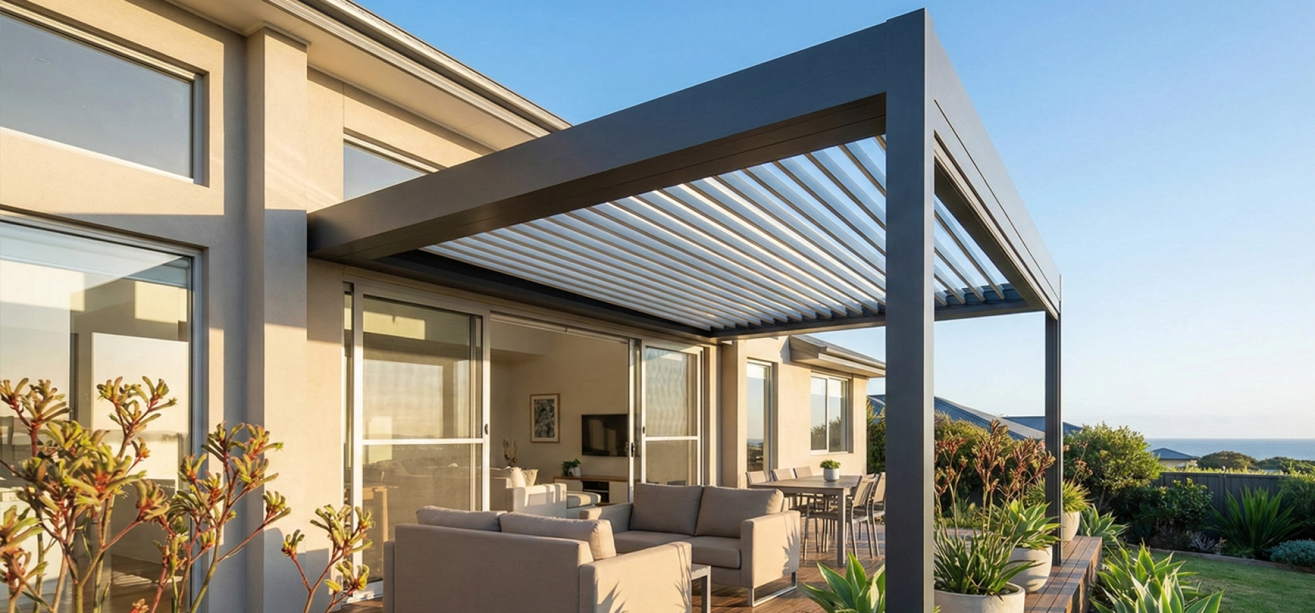 Outdoor room with a louvred pergola and seating beside a home, showing the benefits of outdoor rooms for shade and year-round use