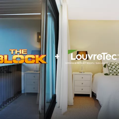 The image features "The Block - Louvrefect," showcasing a modern architectural design with louvered elements.