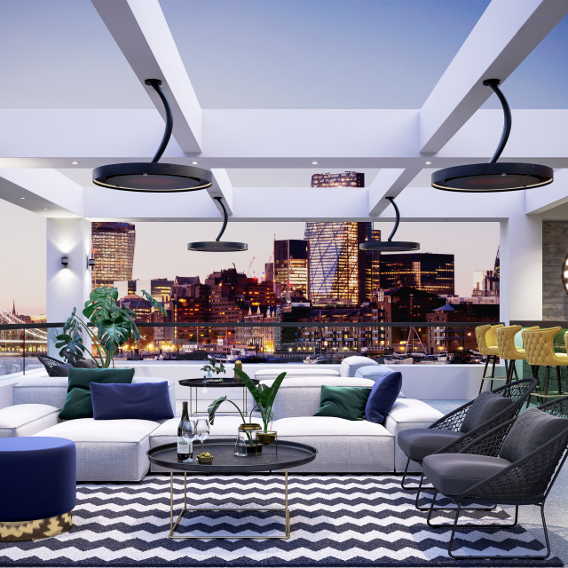 Bromic Eclipse Pendant Smart-heat Electric Heaters with curved poles. Other pole options are available