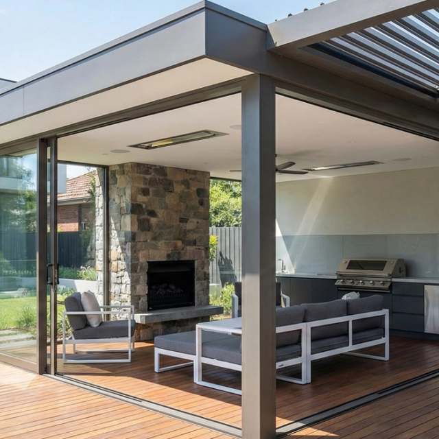 Modern outdoor room with glass walls, deck seating, stone fireplace, and built-in barbecue.