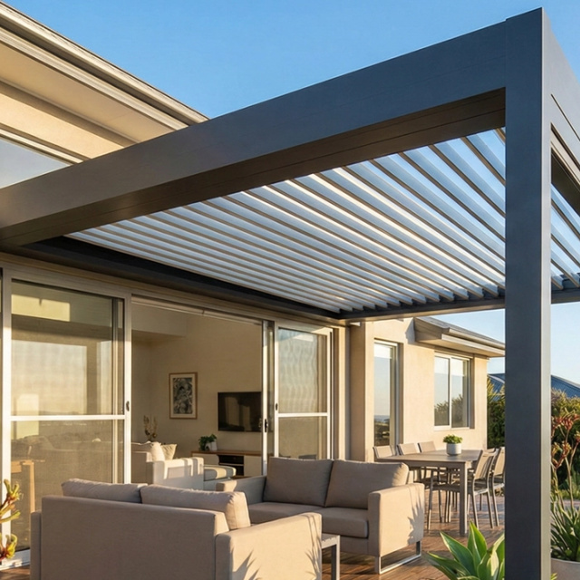 Outdoor room with a louvred pergola and seating beside a home, showing the benefits of outdoor rooms for shade and year-round use