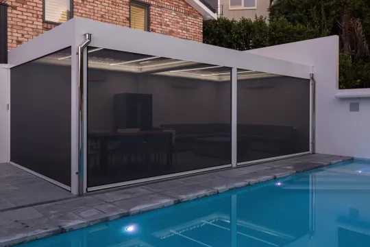 Outdoor Room with Motorised Mesh Shade Blinds.